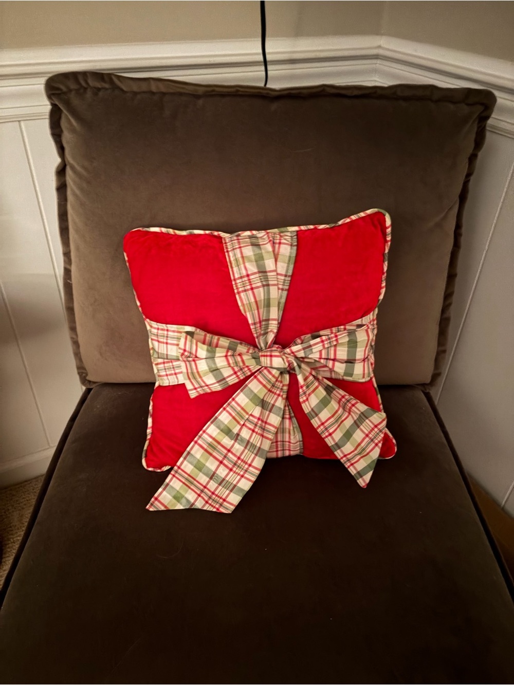 Holiday Red Decorative Pillow with Plaid Bow